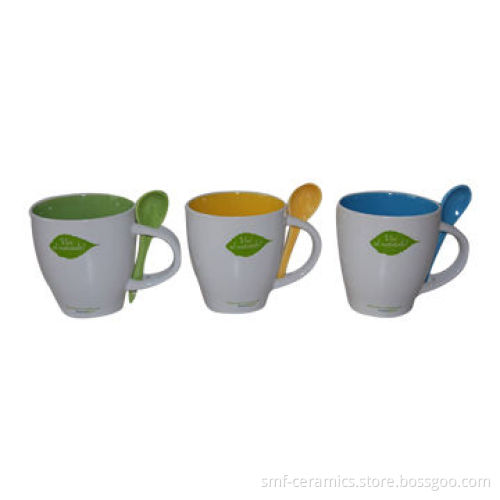 Stoneware 12oz Mugs with Spoons, Customized Logos Accepted, OEM Orders Welcomed